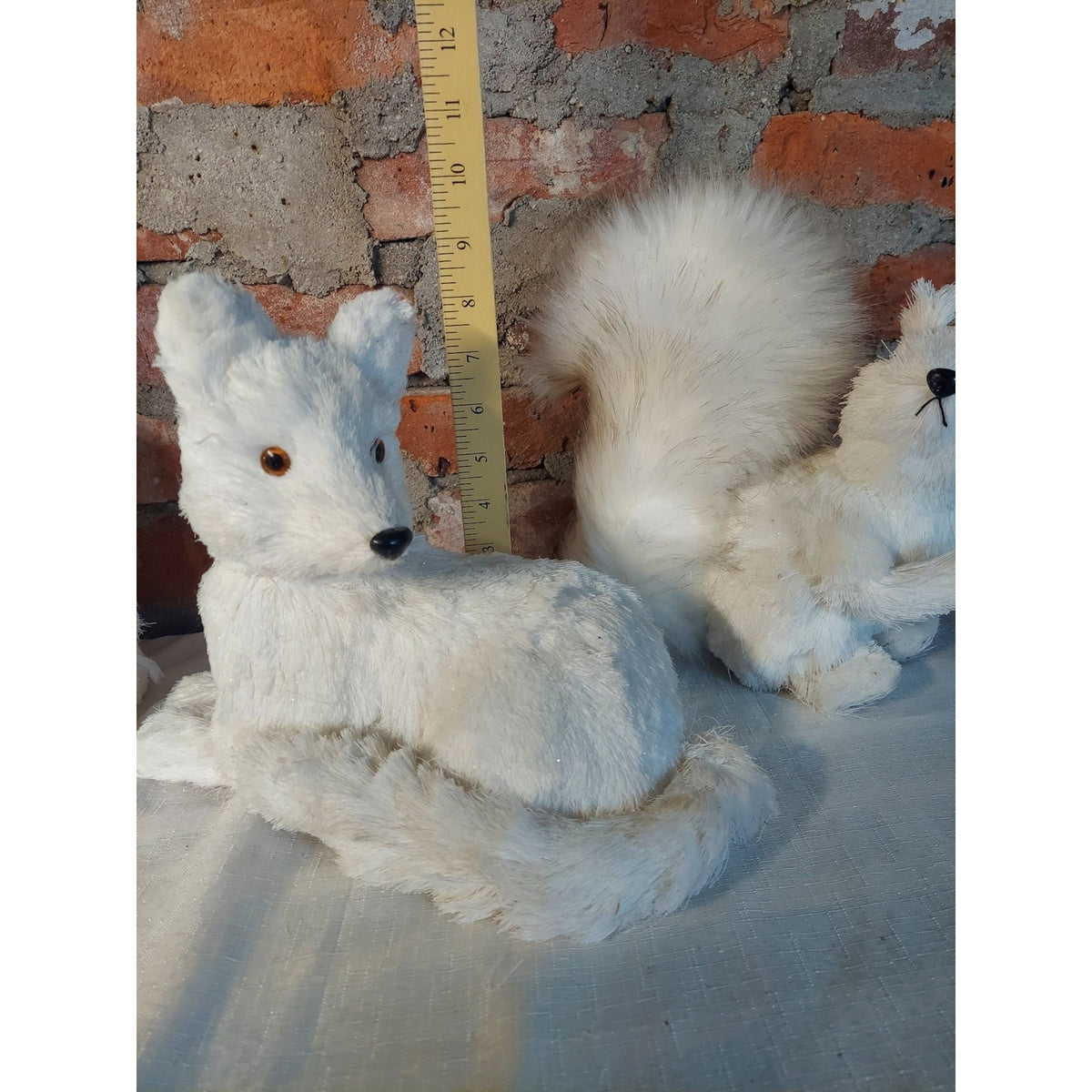White Fox Squirrel Faux Fur Animal Figures Lot 3 Winter Holiday Decor Glitter