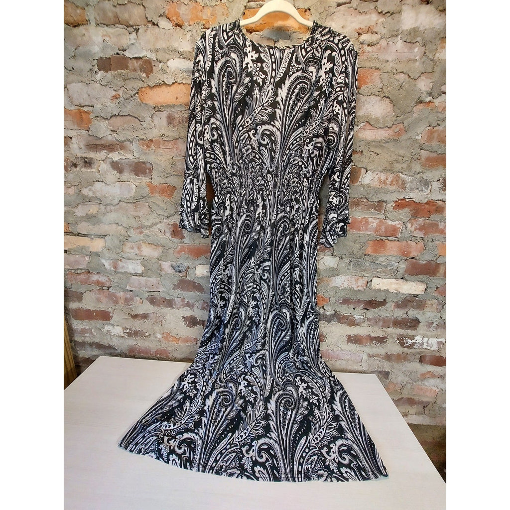 Womens 2X Black White Paisley Maxi Dress V Neck Ruffle 3/4 Sleeve Smocked Waist