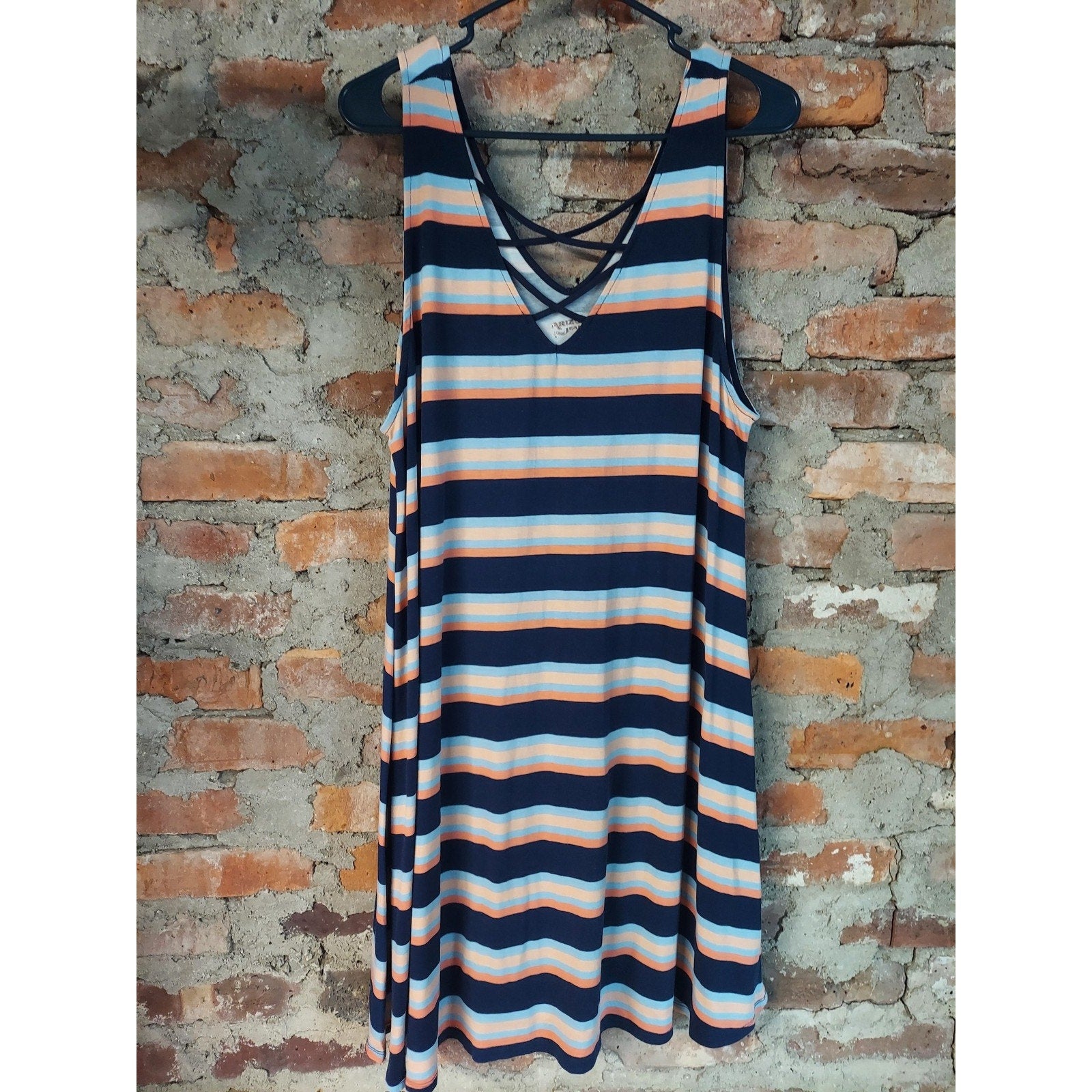 Arizona Jean Co Womens Dress 2X Plus Navy Blue Orange Blue Stripe Sleeveless V
