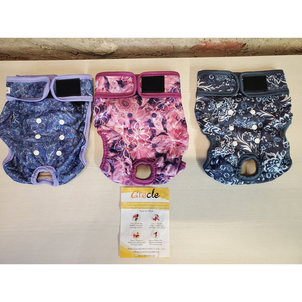 Grecale Dog Diapers Reusable Washable L 3 Pack Floral Multicolor Pet Wraps