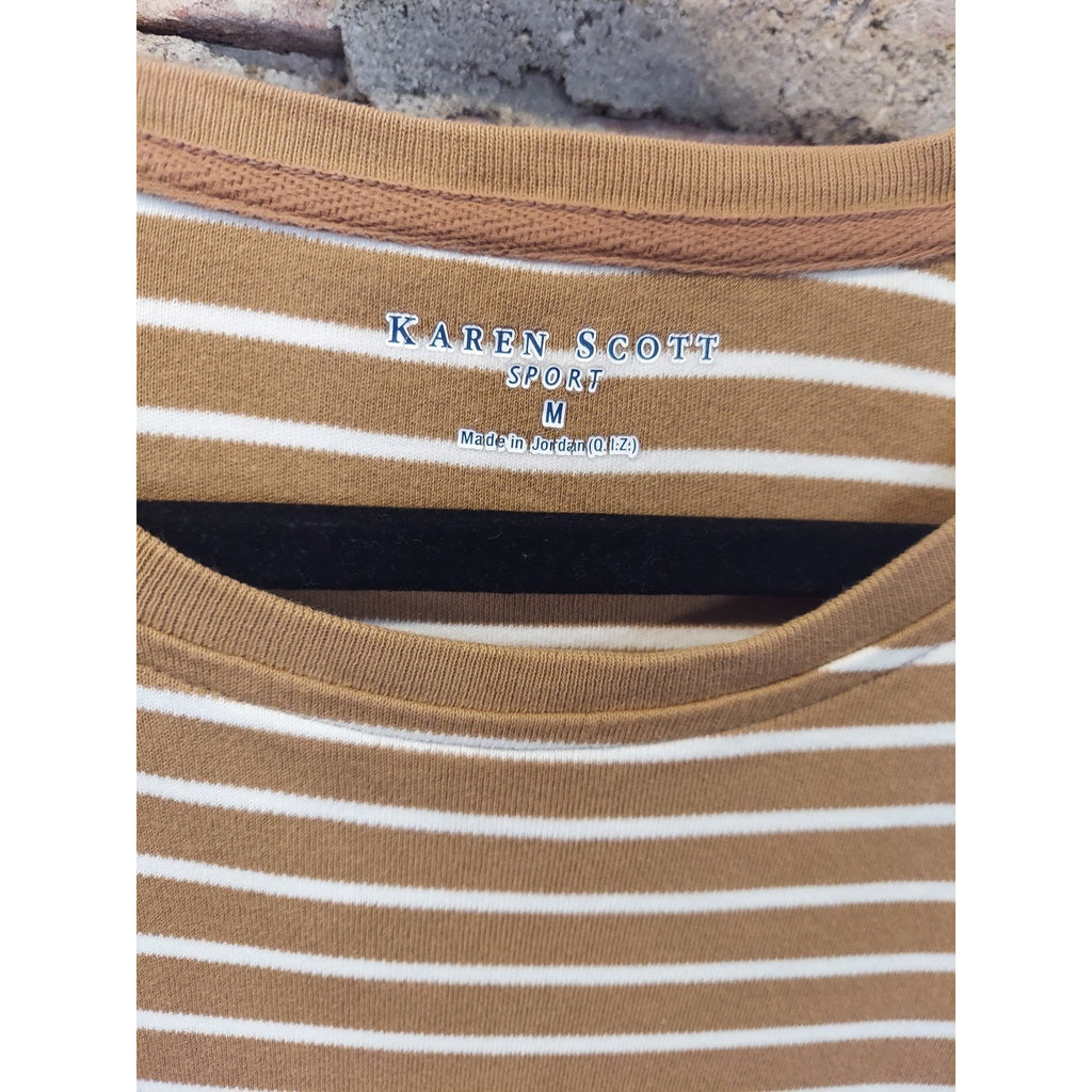 Karen Scott Sport Womens Long Sleeve Striped Raglan T Shirt M Brown White
