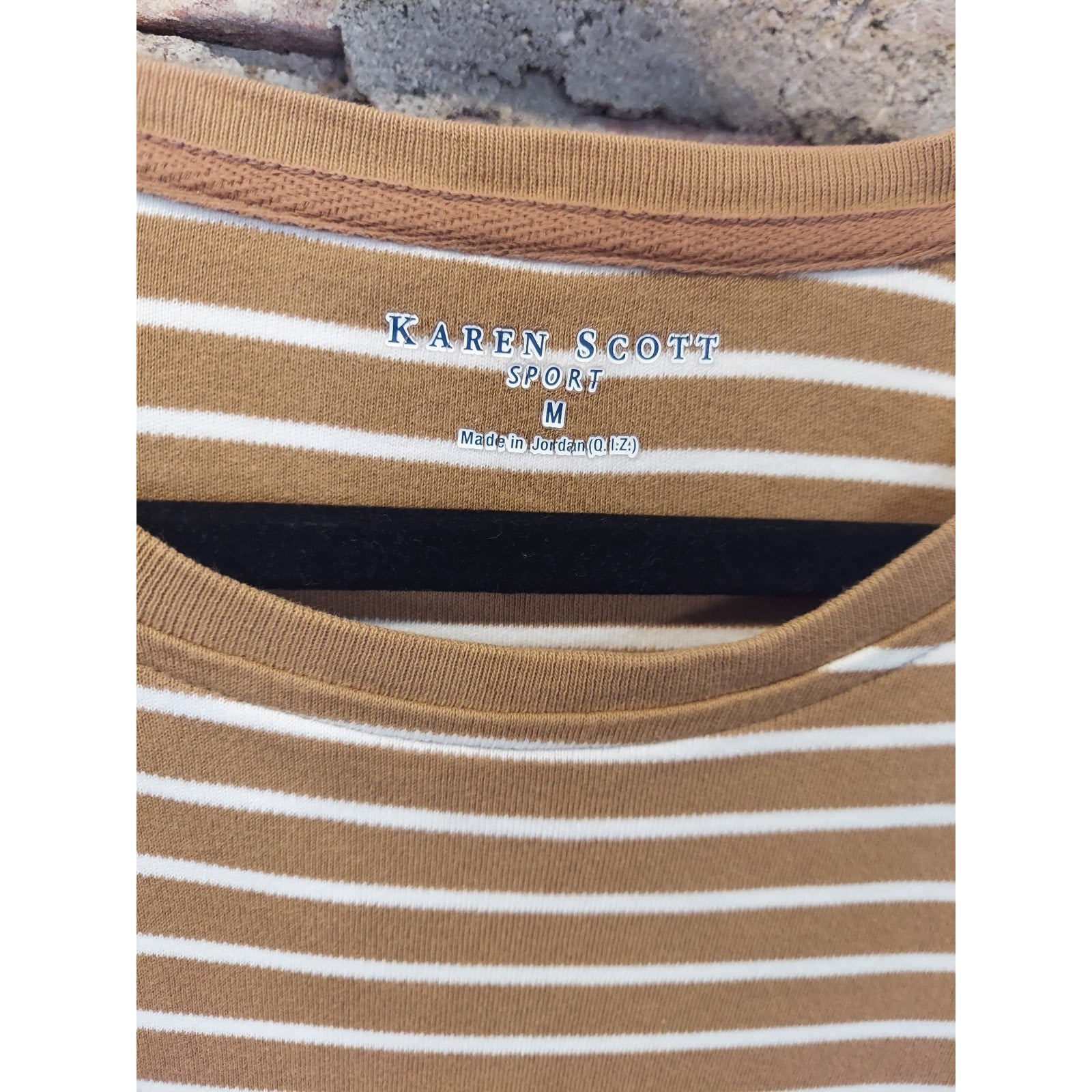 Karen Scott Sport Womens Long Sleeve Striped Raglan T Shirt M Brown White