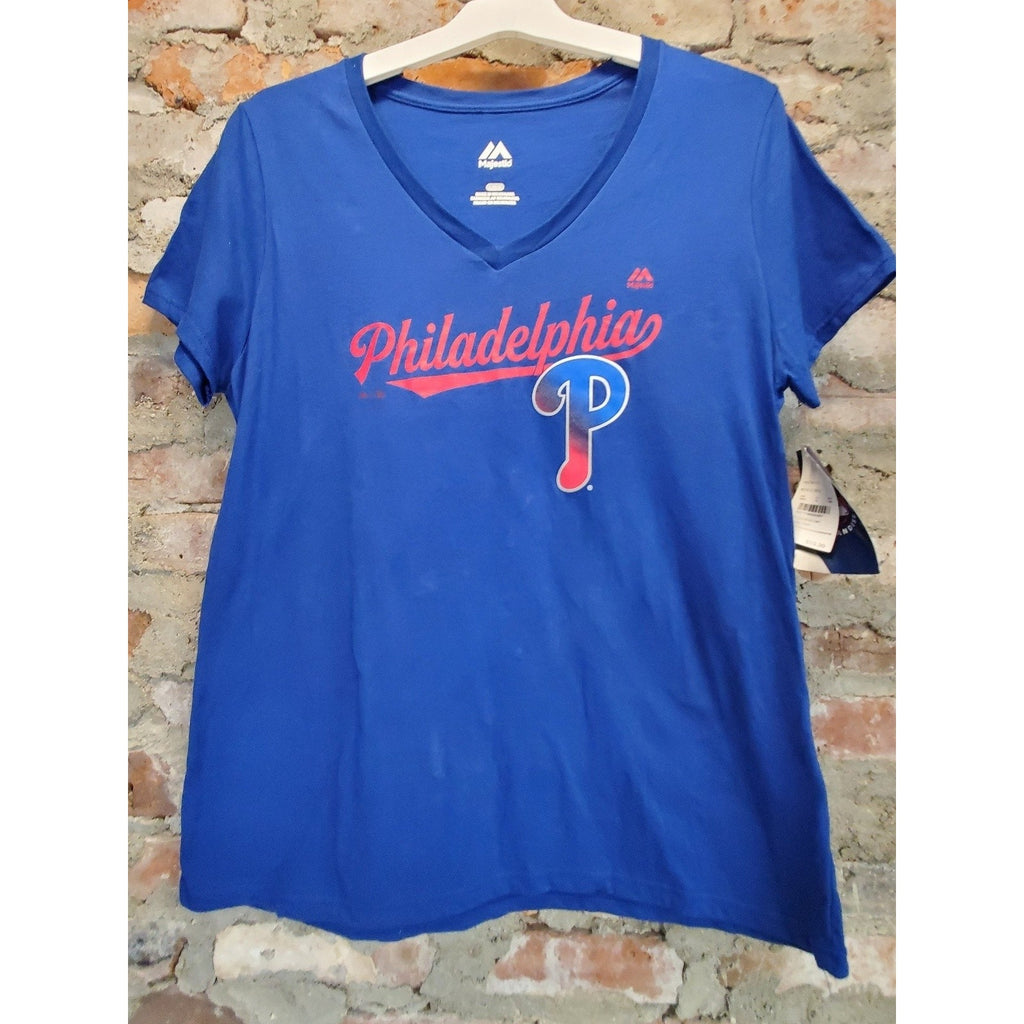 Majestic Philadelphia Phillies MLB Womens V Neck T Shirt L Deep Royal Blue NWT
