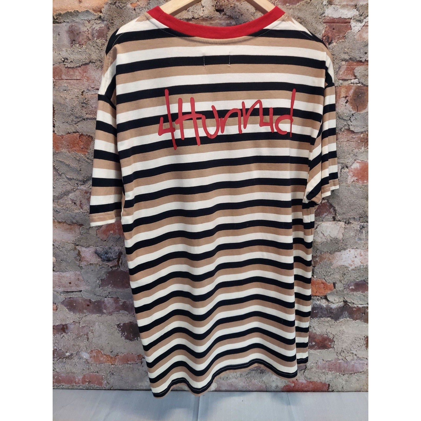 4 Hunnid Mens T-Shirt Large Multicolor Striped Short Sleeve Red Ringer NWT