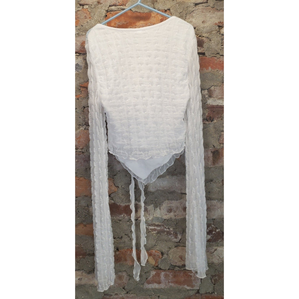 Gjq Womens Long Sleeve Sheer Textured Tie Front Crop Top XS White New NWT