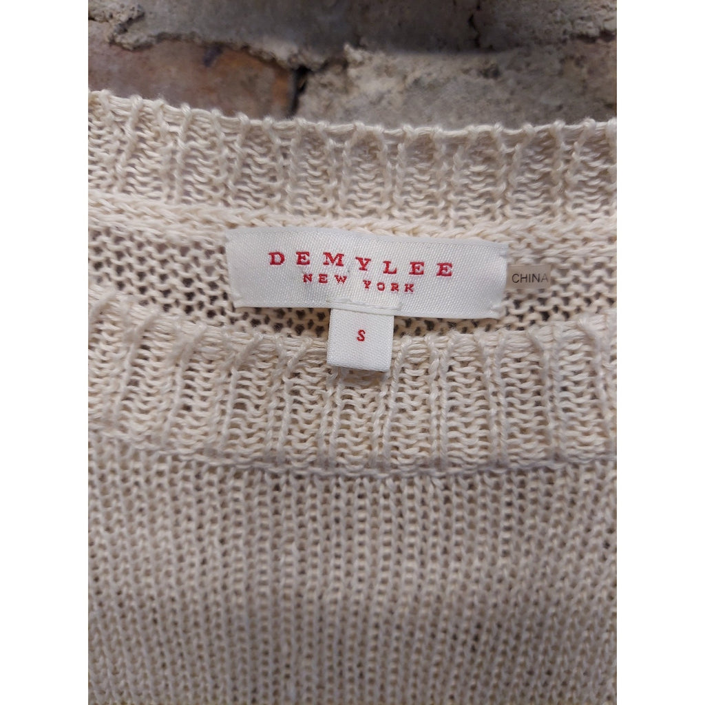DEMYLEE Womens Cream Linen Knit Top S 3/4 Sleeve Open Weave Pullover
