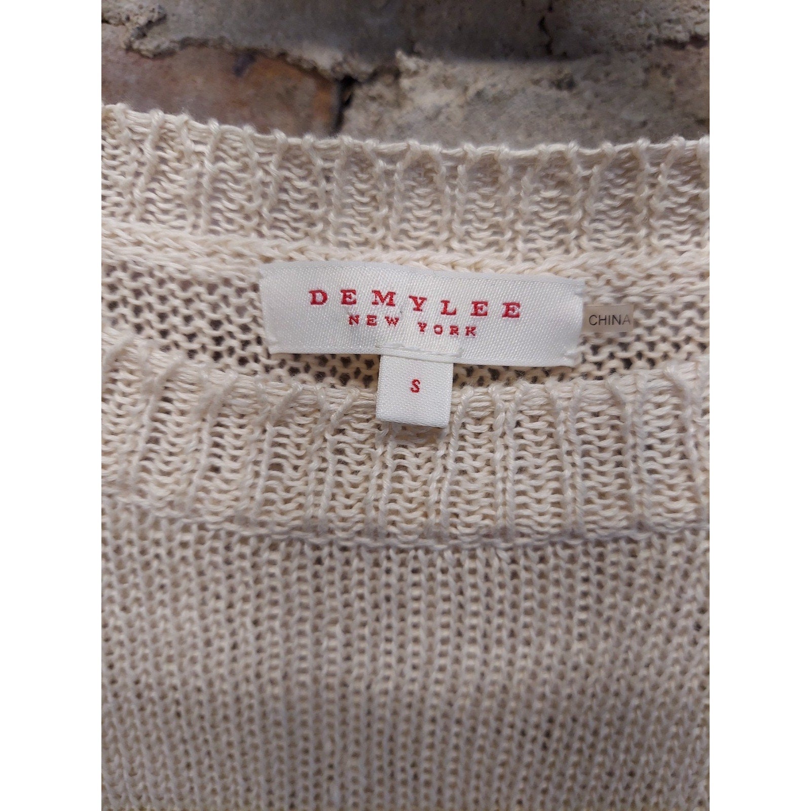 DEMYLEE Womens Cream Linen Knit Top S 3/4 Sleeve Open Weave Pullover