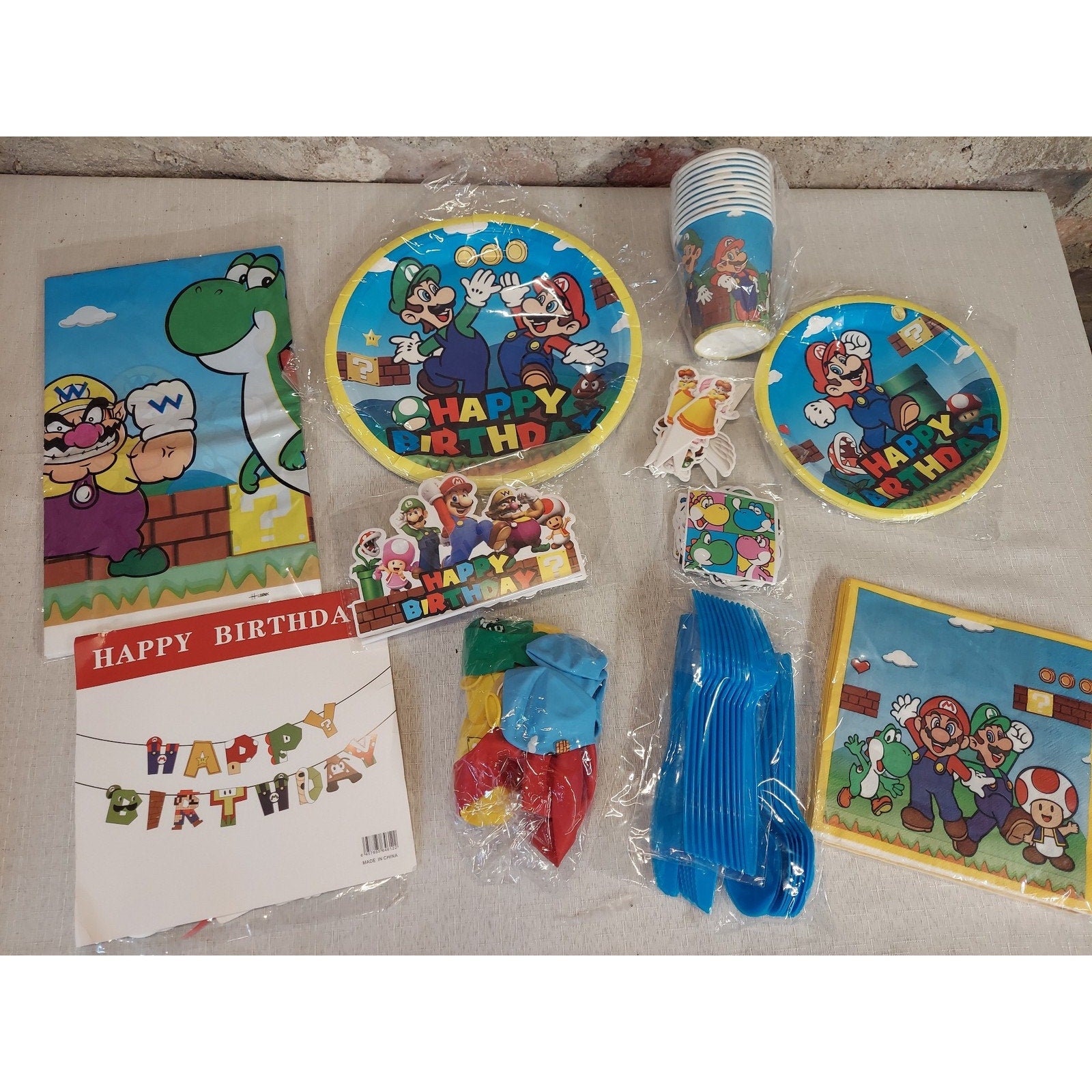 Super Mario Bros Birthday Party Supplies Lot Plates Cups Napkins Banner Cutlery