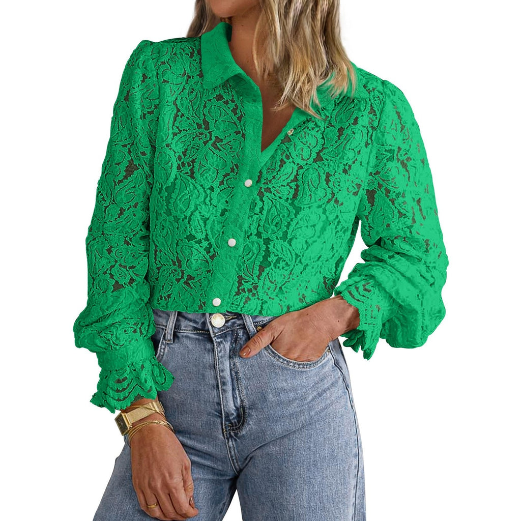BTFBM Womens Lace Blouse XL Green Ruffle Cuff Button Down Shirt