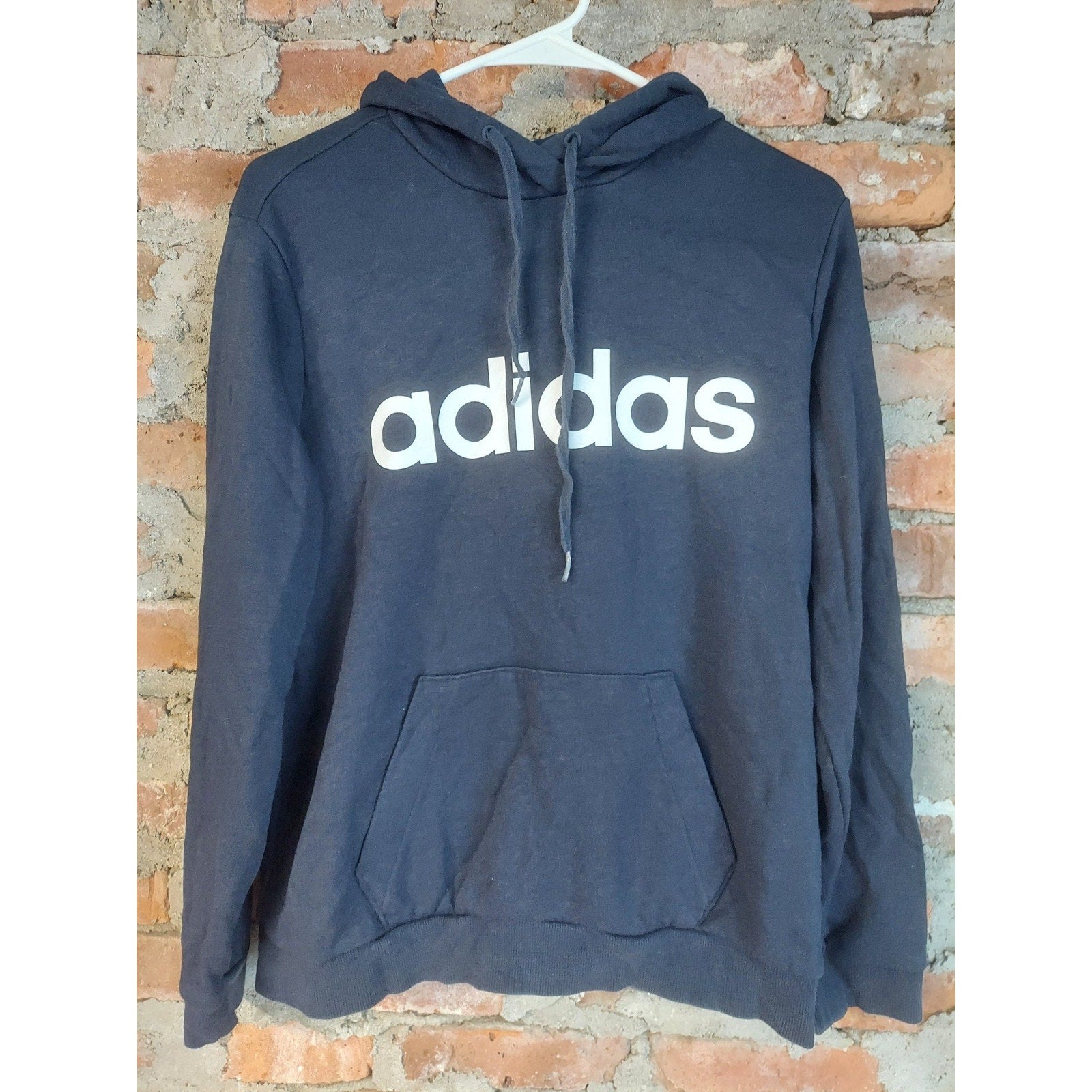 Adidas Mens Hoodie L Navy Blue Pullover Logo Kangaroo Pocket Athletic
