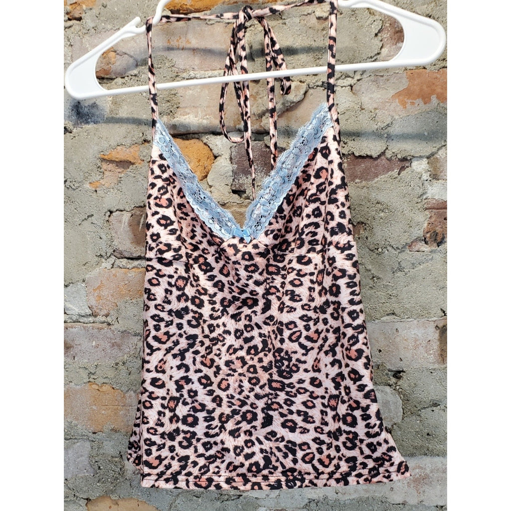 Womens S Halter Top Cami Pink Leopard Print Blue Lace Trim Tie Back Y2K Style