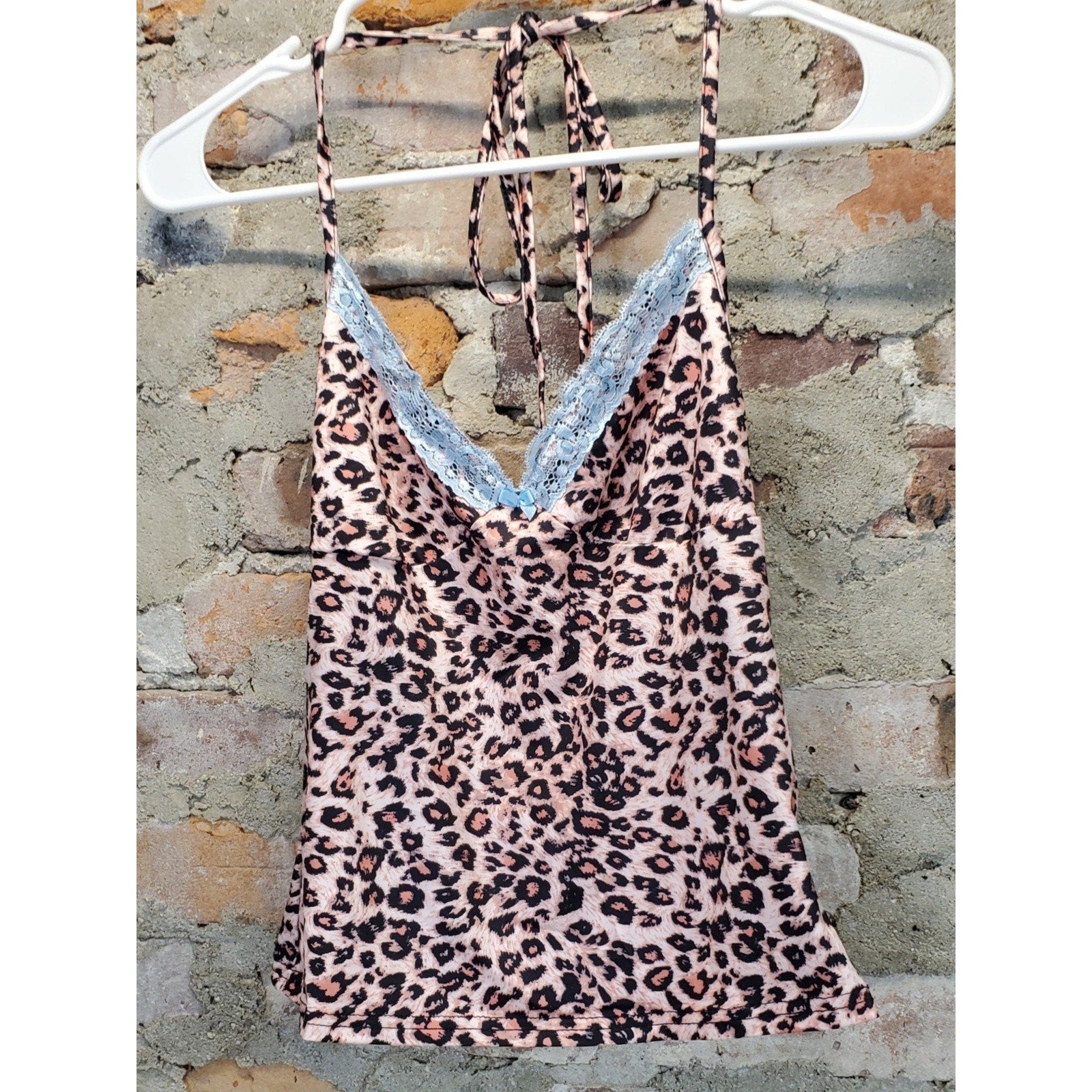 Womens S Halter Top Cami Pink Leopard Print Blue Lace Trim Tie Back Y2K Style
