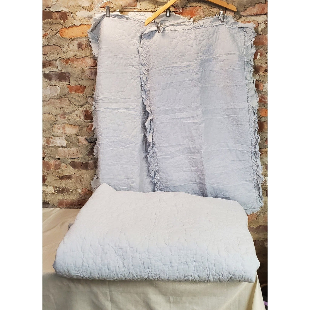 Light Blue Quilted King Comforter Set Pillow Shams Farmhouse Cottage Style