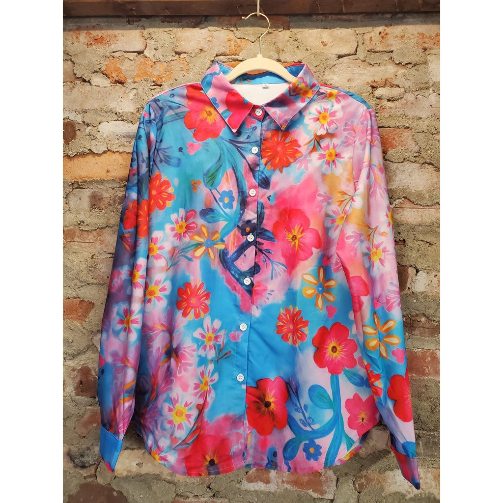 Womens Long Sleeve Button Up Shirt L Multicolor Floral Print Vibrant