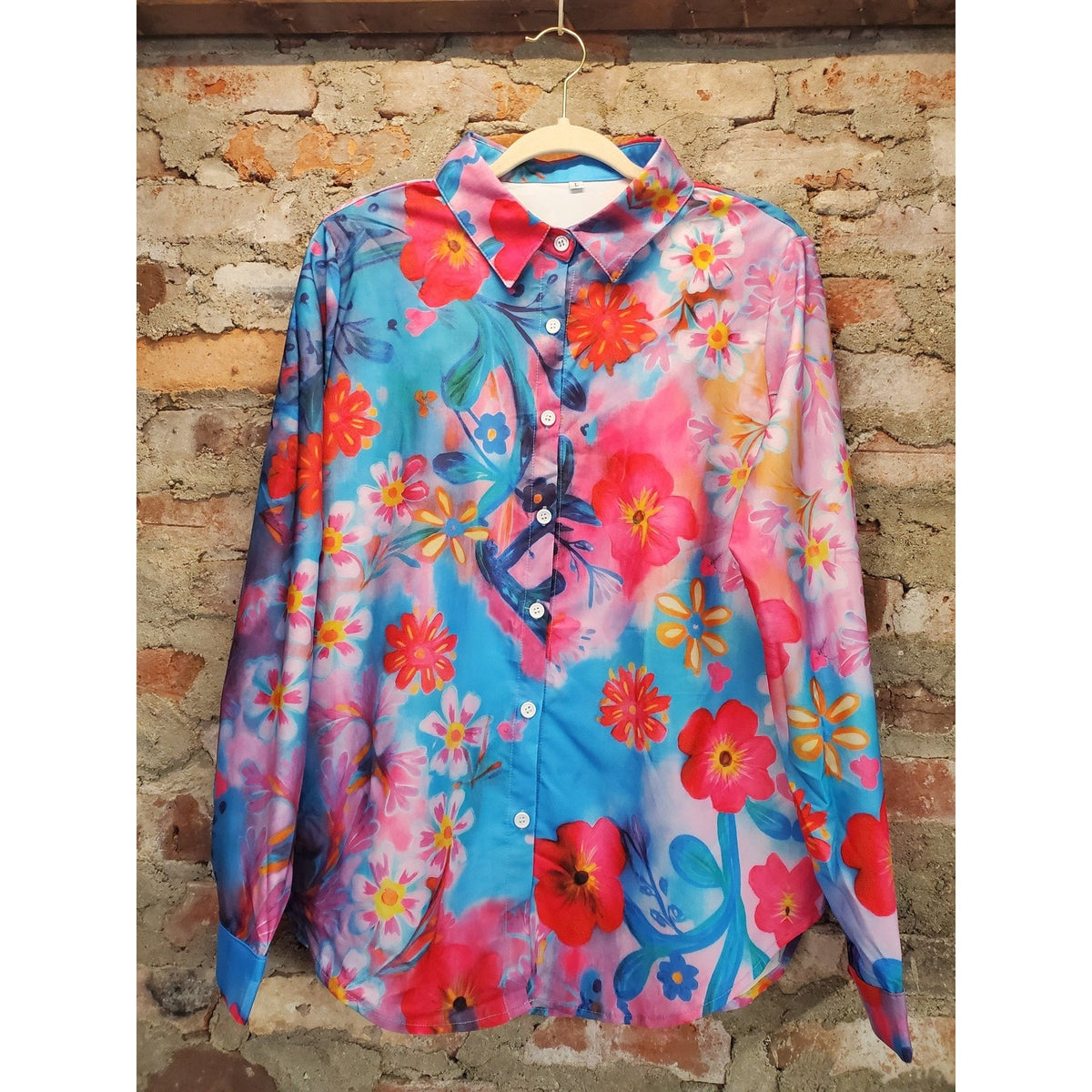 Womens Long Sleeve Button Up Shirt L Multicolor Floral Print Vibrant