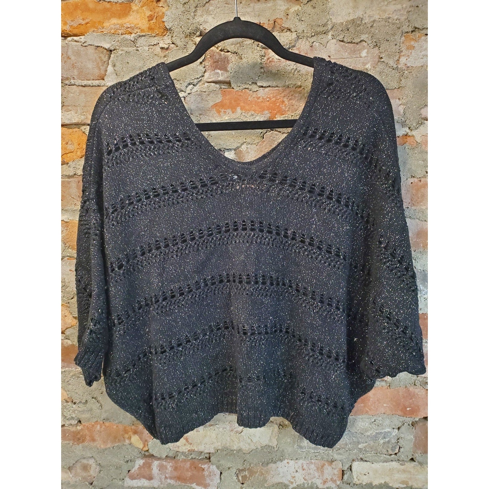 STORIA Womens L Navy Blue Metallic Open Knit Dolman V Neck Sweater Shimmer