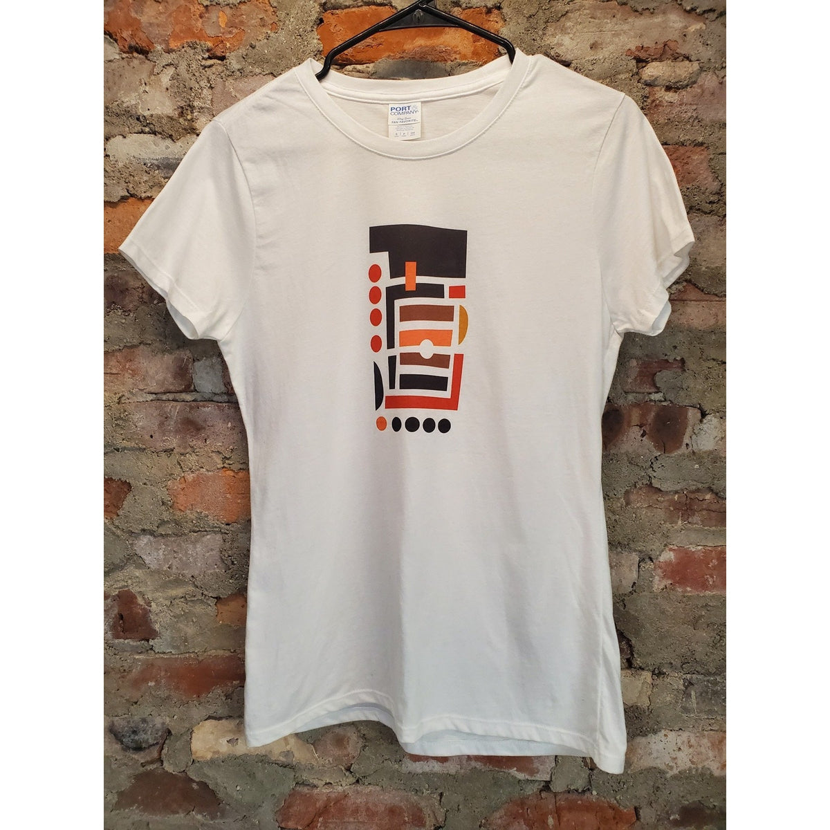 Womens Top Shirt Small White Abstract Graphic Print Short Sleeve