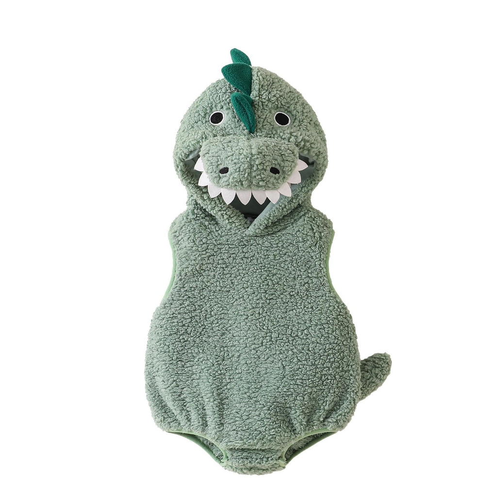 Baby 3-6 months Dinosaur Hooded Romper Sleeveless Green Plush Bodysuit Outfit