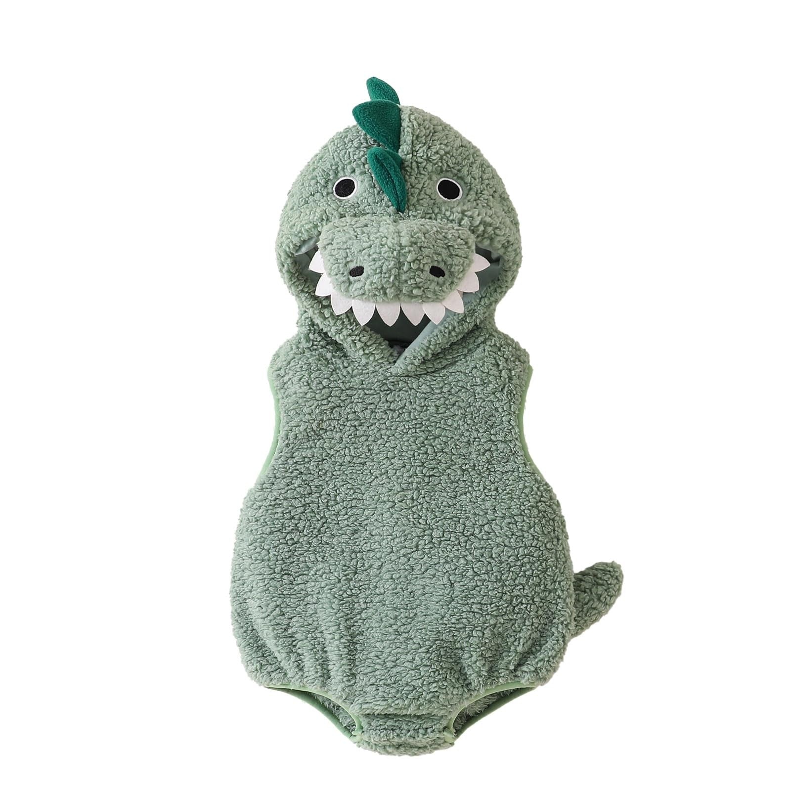 Baby 3-6 months Dinosaur Hooded Romper Sleeveless Green Plush Bodysuit Outfit