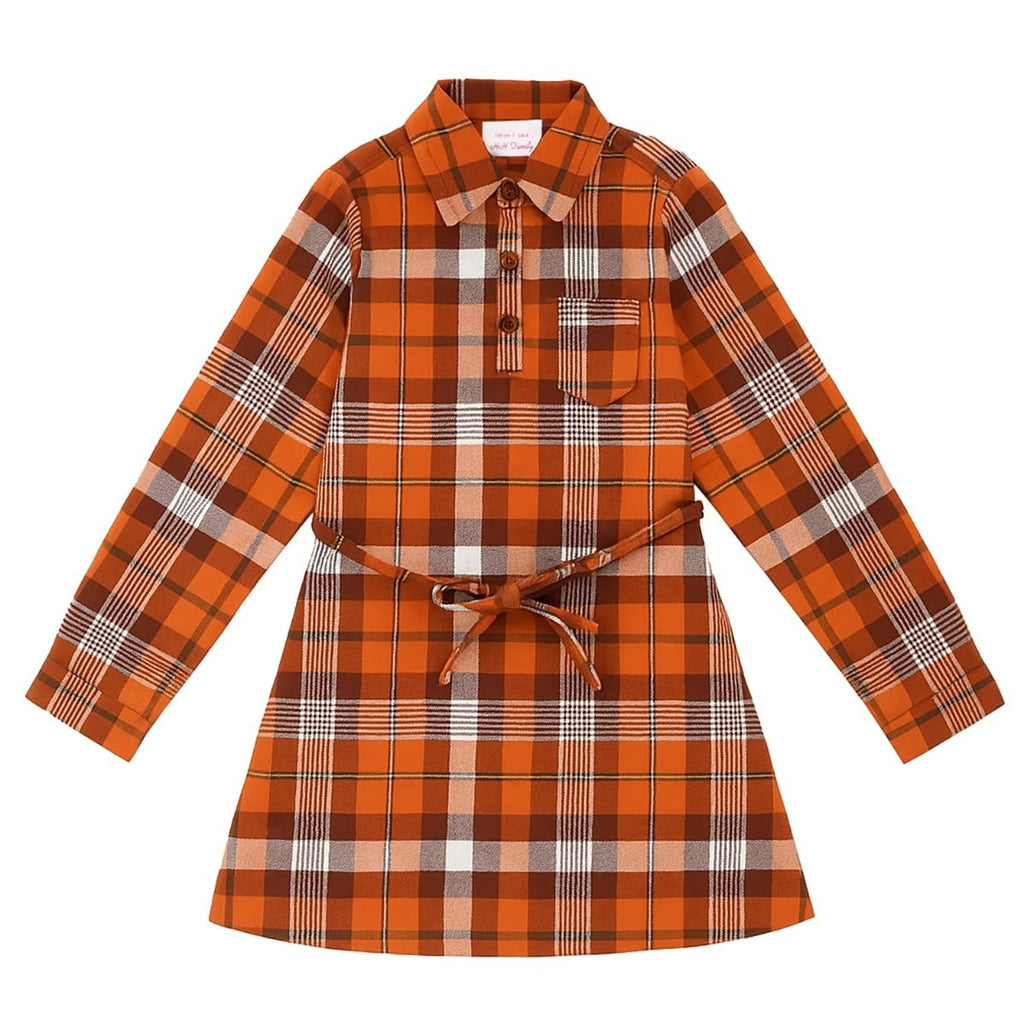 H&H Family Girls 10 Orange Brown Plaid Flannel Long Sleeve Collared Shirt Dress