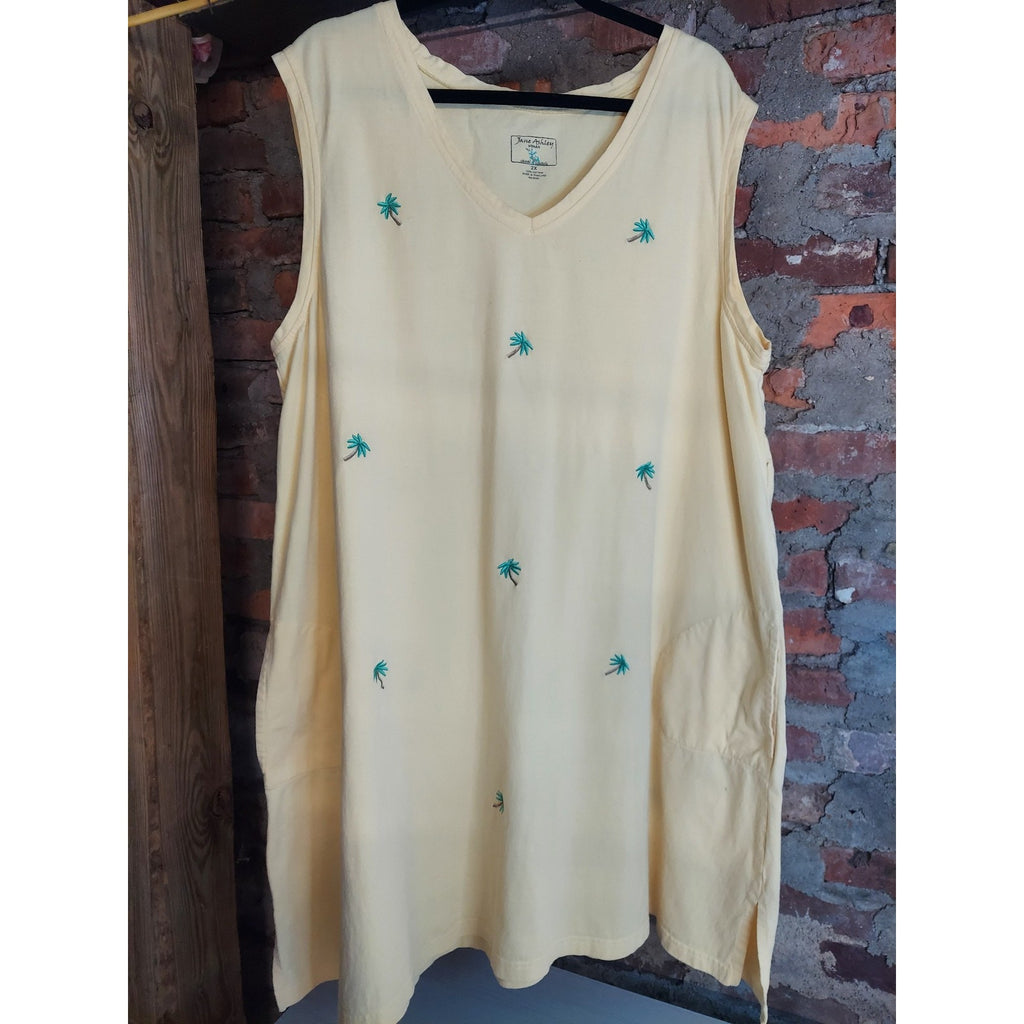 Jane Ashley Womens Sleeveless V Neck Tunic Dress 2X Yellow Palm Tree Embroidered