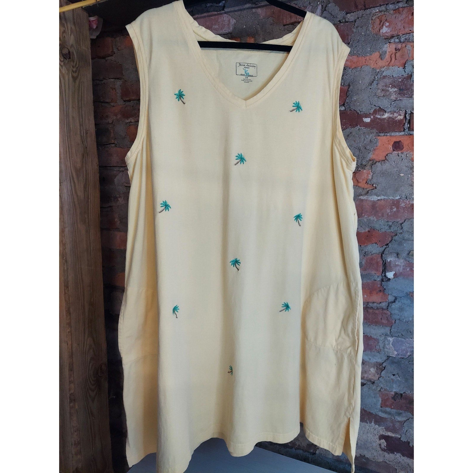 Jane Ashley Womens Sleeveless V Neck Tunic Dress 2X Yellow Palm Tree Embroidered