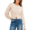 Saodimallsu Womens Cropped Cardigan S Cream Puff Sleeve Pearl Button Knit