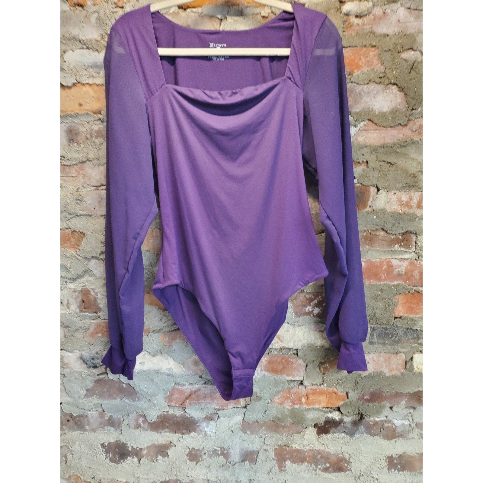 AVIDLOVE Womens Bodysuit XXL Purple Square Neck Long Sheer Mesh Sleeve Nylon