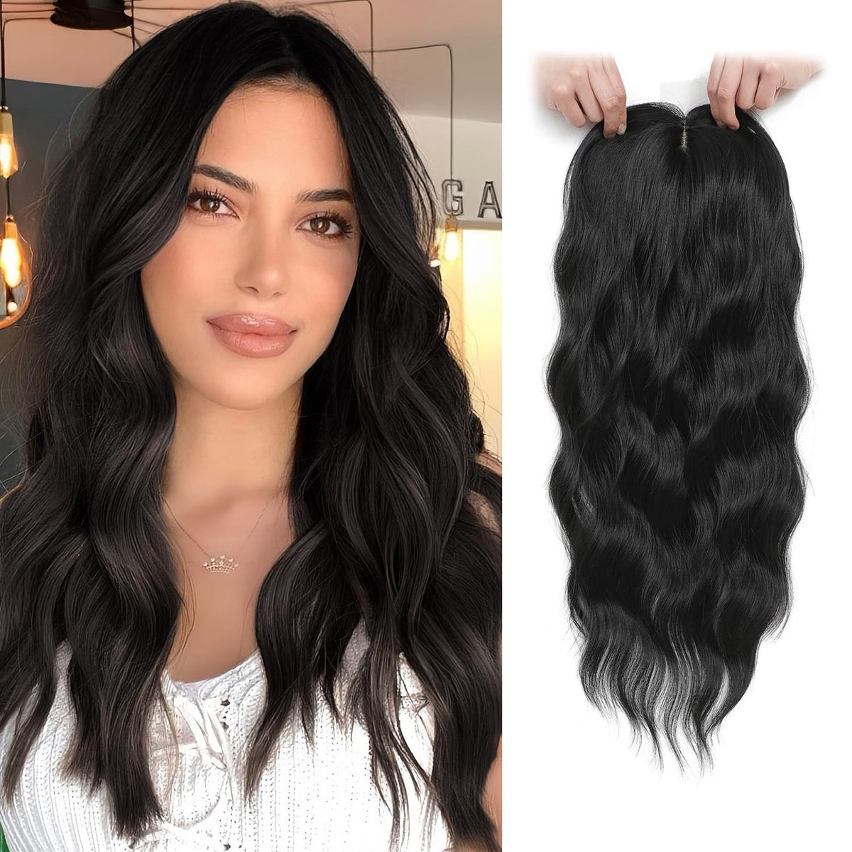 Women's Hair Topper Wiglet 20 Inch Long Wavy Black Natural Part Volume 1B#