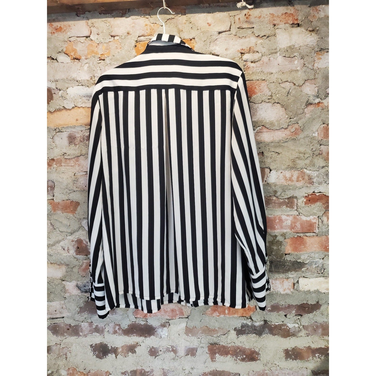 PRETTYLITTLETHING Womens Blouse ONE SIZE Black White Striped Long Sleeve