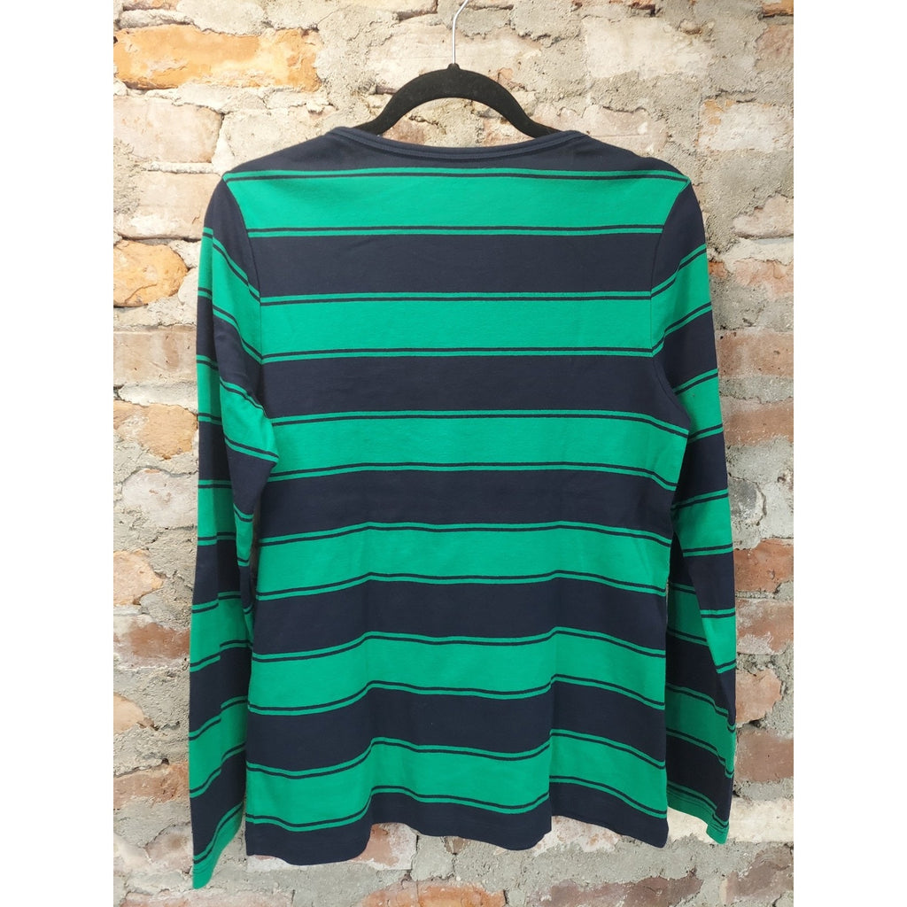 Lands End Womens Long Sleeve Shirt M 10-12 Navy Green Striped Shaped Fit