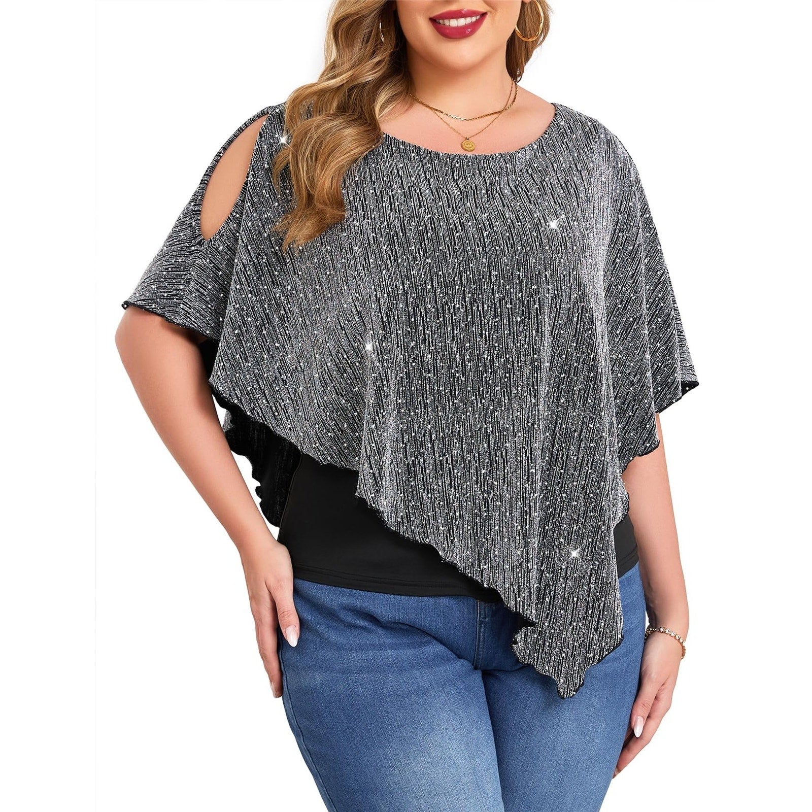 Womens Poncho Tunic Top Plus1X Silver Black Sparkle Cold Shoulder Asymmetrical