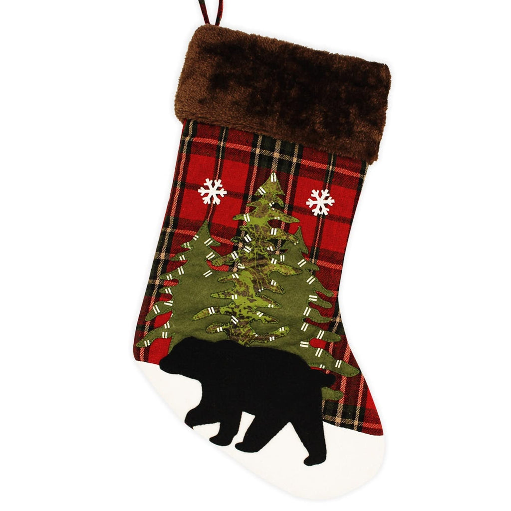 Black Bear Christmas Stocking Red Plaid Faux Fur Cuff Lodge Cabin Holiday Decor