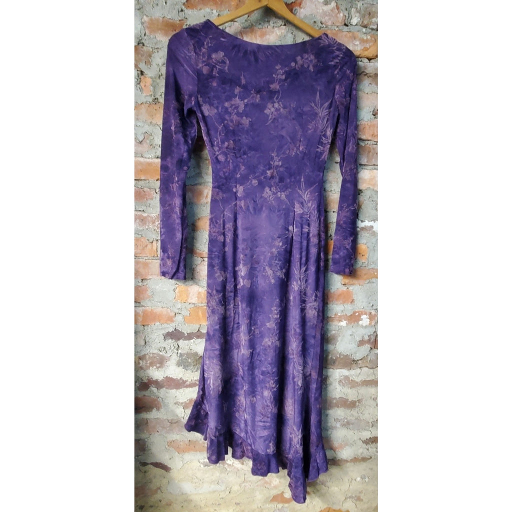 Gert Corel Womens Sz S Dress Purple Floral Ruched Ruffle Long Sleeve Midi