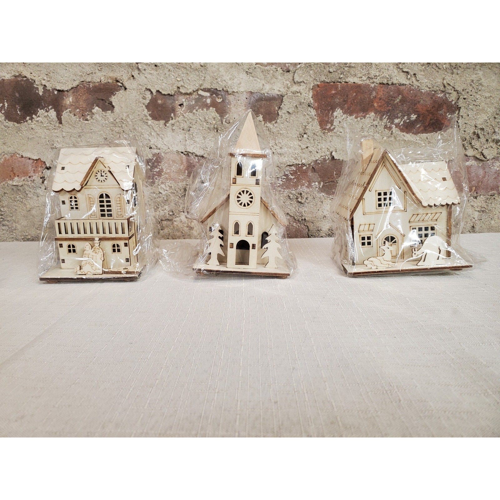 Wooden Miniature Village House Set Christmas Decor Nativity Deer DIY Unfinished