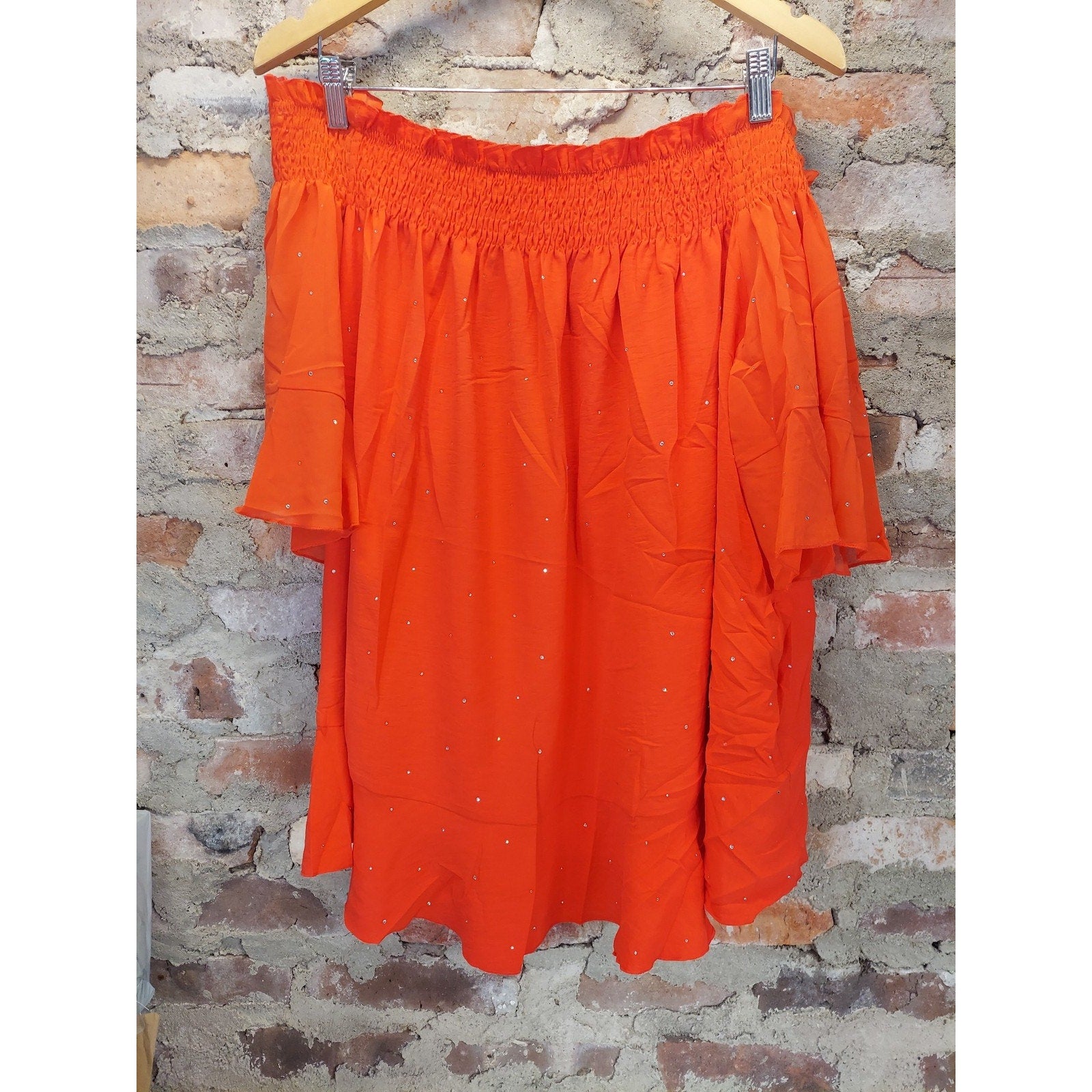 SCOMCHIC Womens Off Shoulder Blouse 3XL Orange Smocked Neck Flutter Sleeve