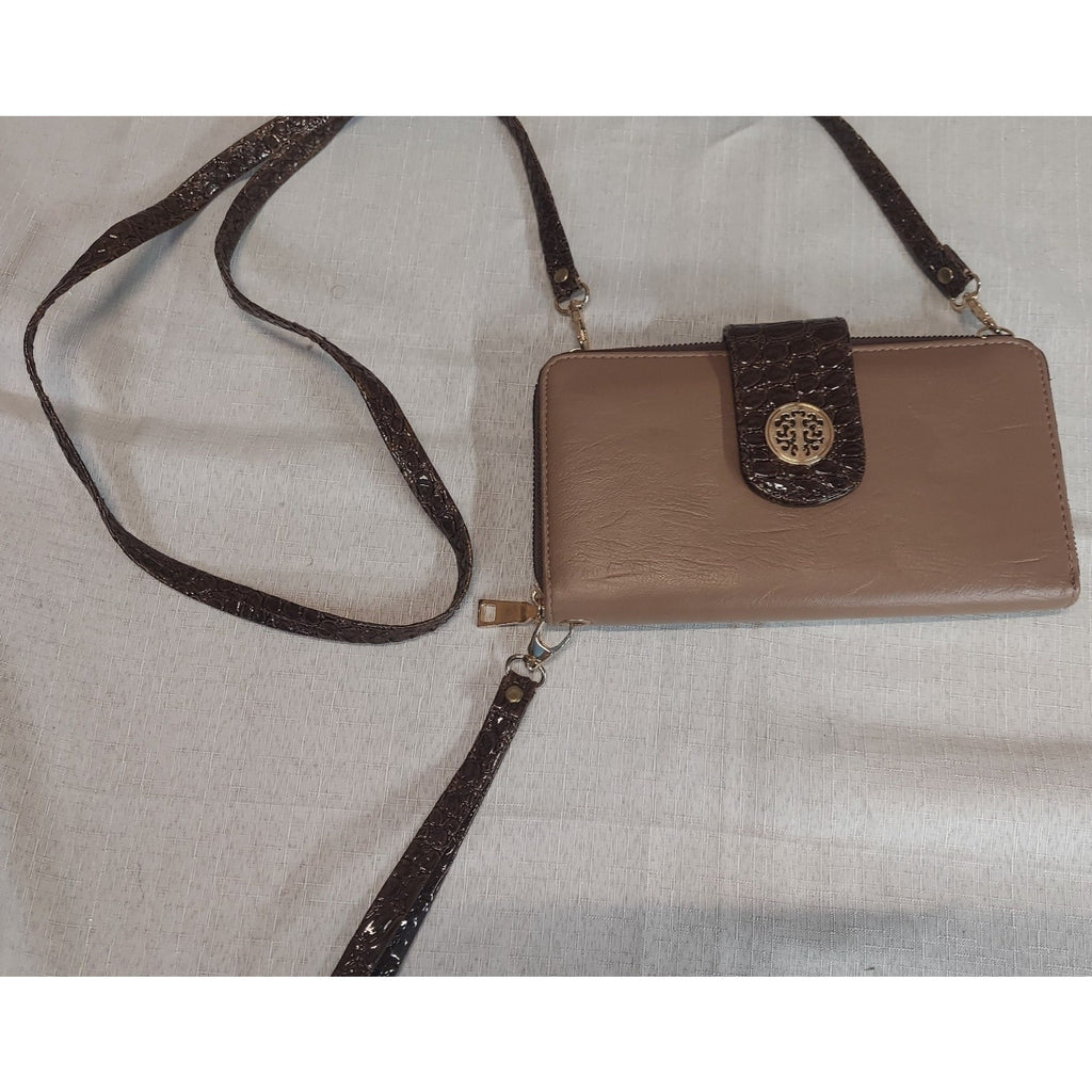 Womens Wallet Crossbody Bag Tan Brown Crocodile Embossed Removable Strap