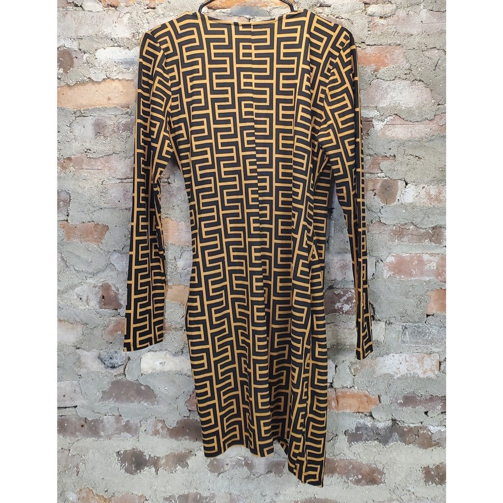 love J Womens XL Dress Black Gold Geometric Print Long Sleeve Mini V Neck