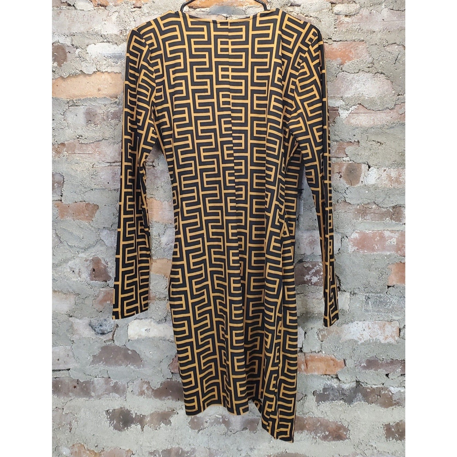 love J Womens XL Dress Black Gold Geometric Print Long Sleeve Mini V Neck