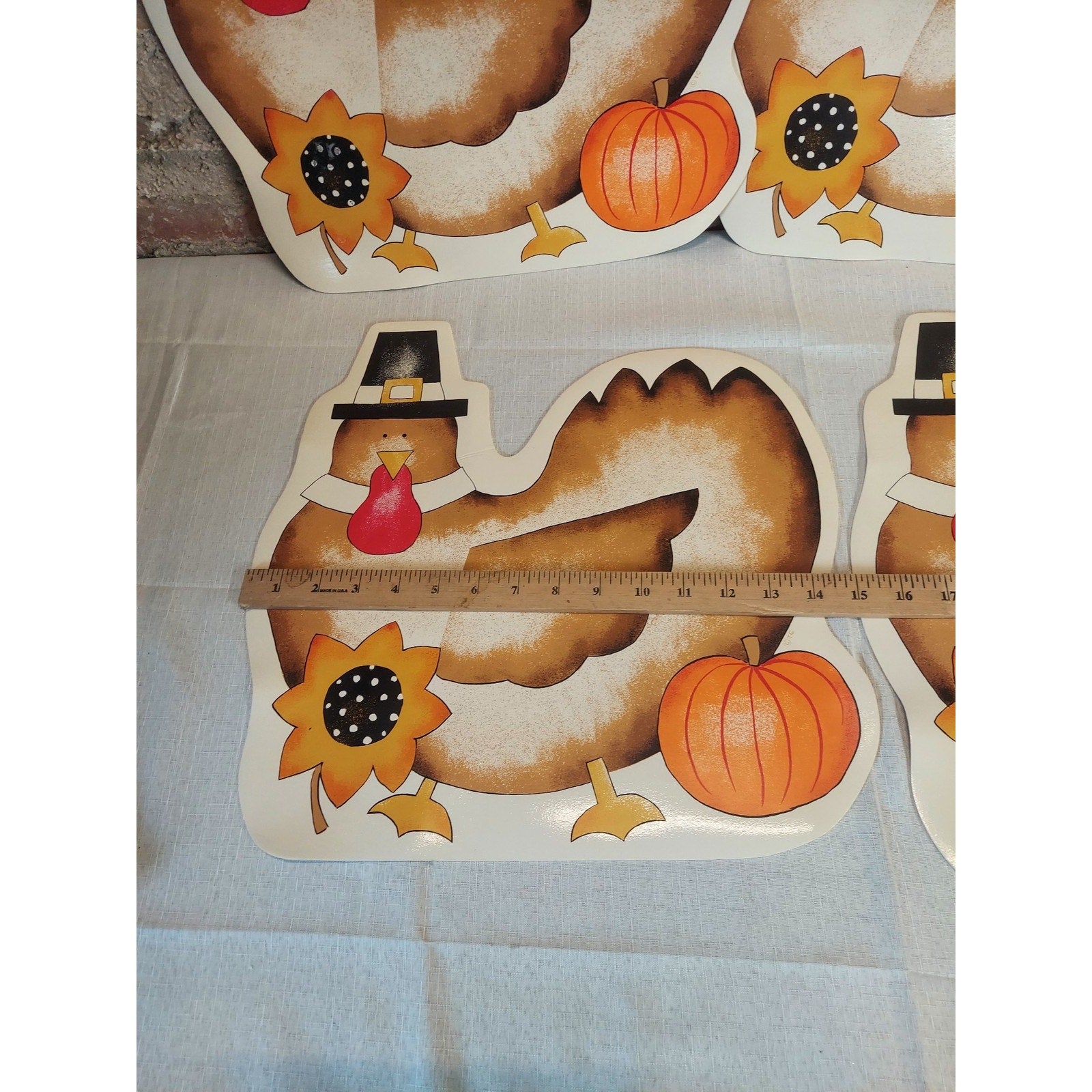 Thanksgiving Turkey Fall Harvest Decor Placemats Set 4 Pilgrim Hat Sunflowers