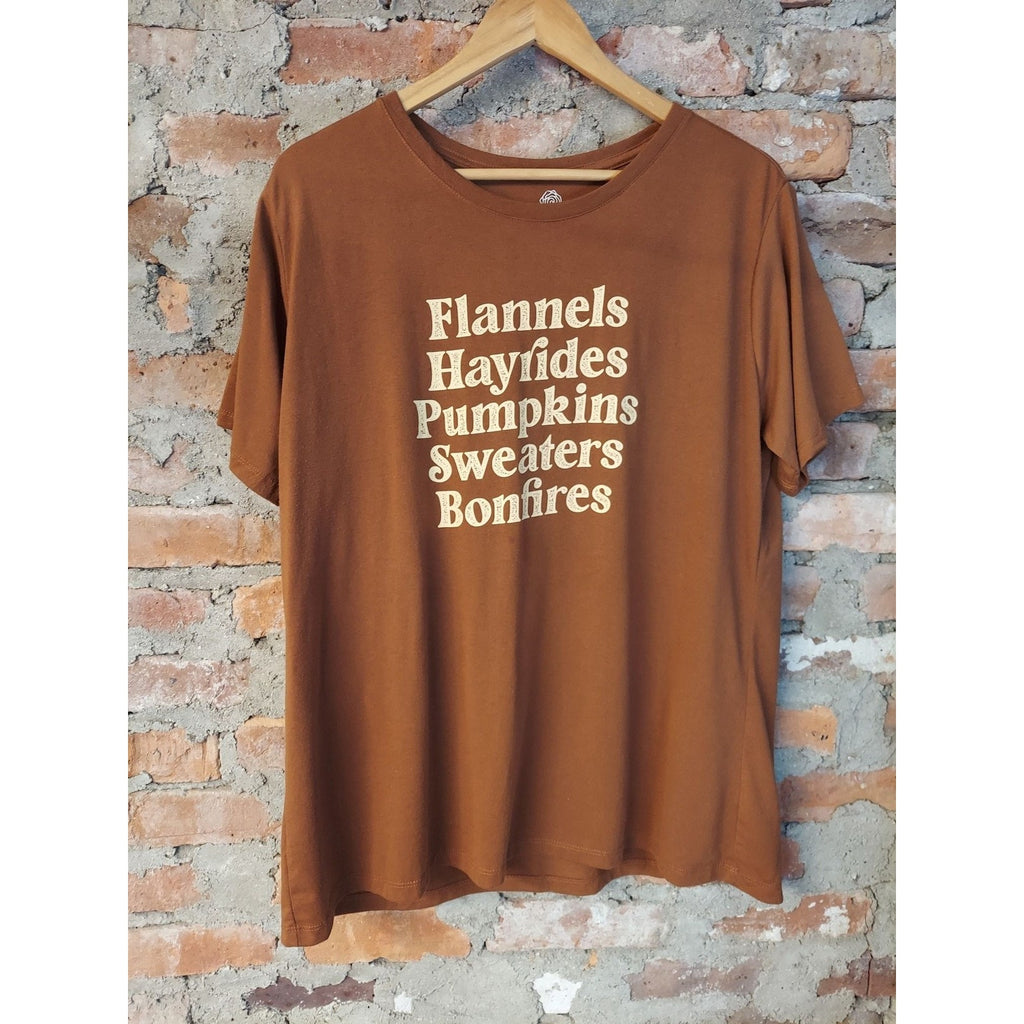 PositiviTees Womens T-Shirt XXL Brown Fall Pumpkins Flannels Graphic Top