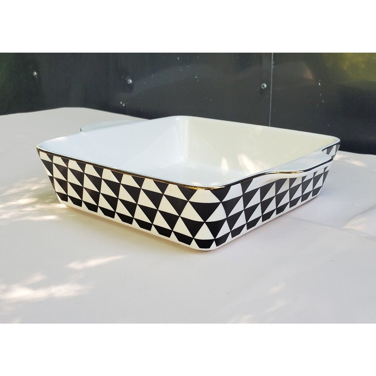 Thyme & Table Square Baking Dish Casserole Geometric Black White Gold Trim