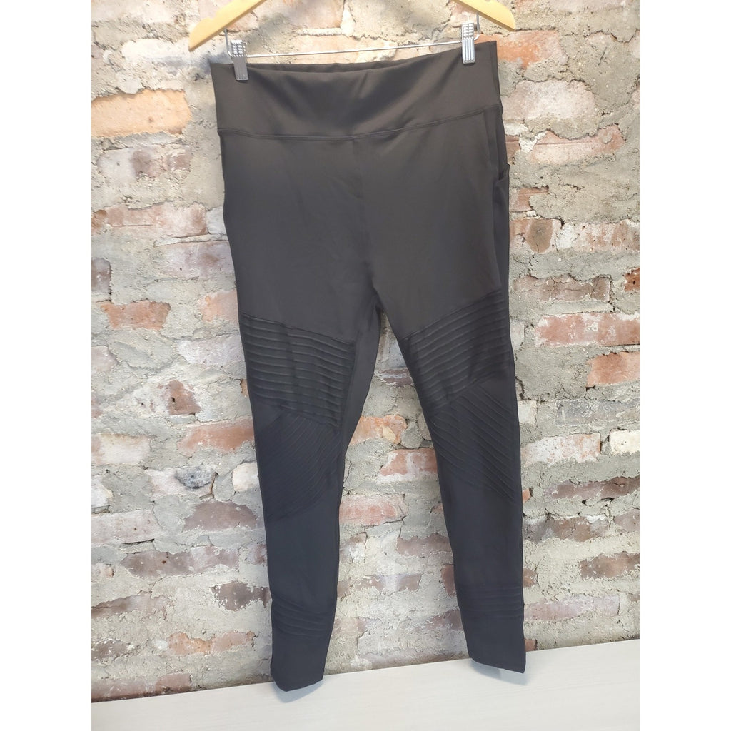 POPFIT Womens Leggings 3XL Black Ribbed Moto High Waist Pockets Athletic