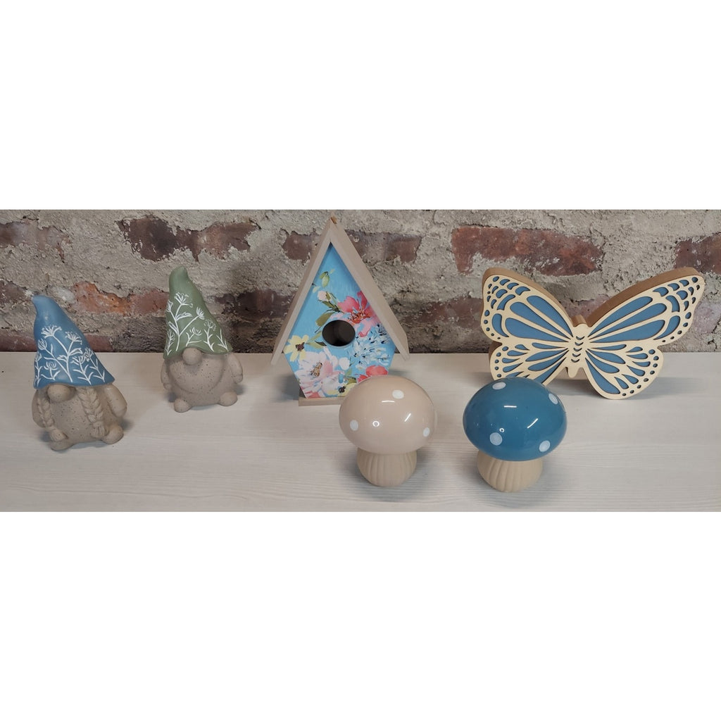 Whimsical Garden Decor Set Gnomes Mushrooms Birdhouse Butterfly Spring Home
