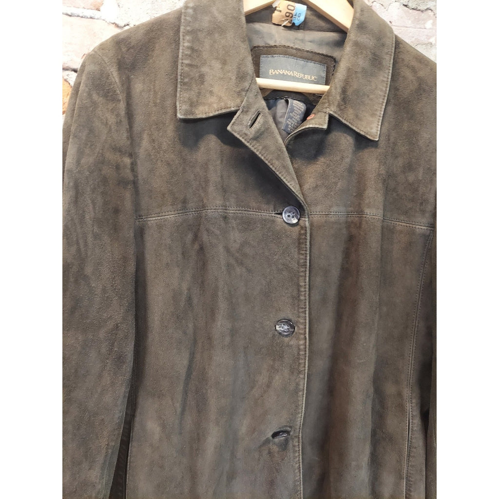 Banana Republic Suede Jacket L Olive Green Genuine Leather Button Front