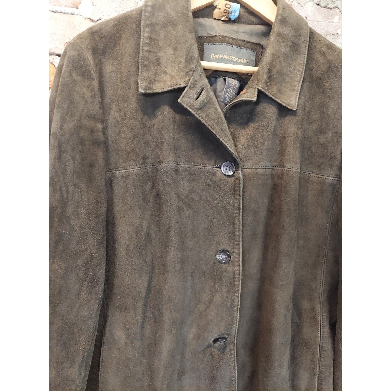 Banana Republic Suede Jacket L Olive Green Genuine Leather Button Front