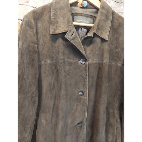 Banana Republic Suede Jacket L Olive Green Genuine Leather Button Front