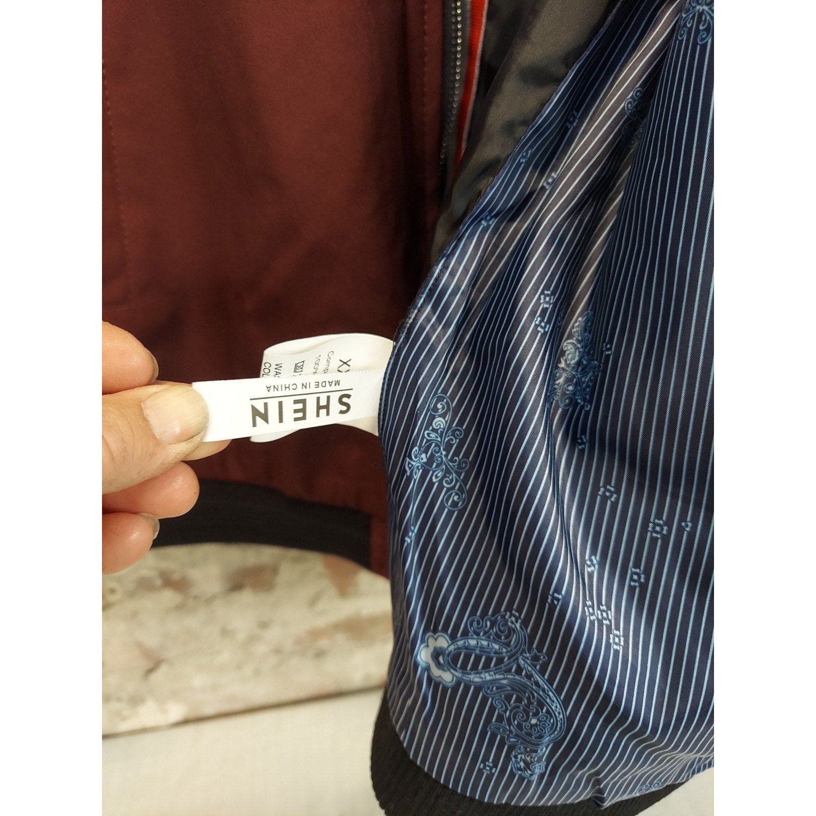 SHEIN Mens Bomber Jacket Size XXL Maroon Full Zip Ribbed Collar Arm Pocket
