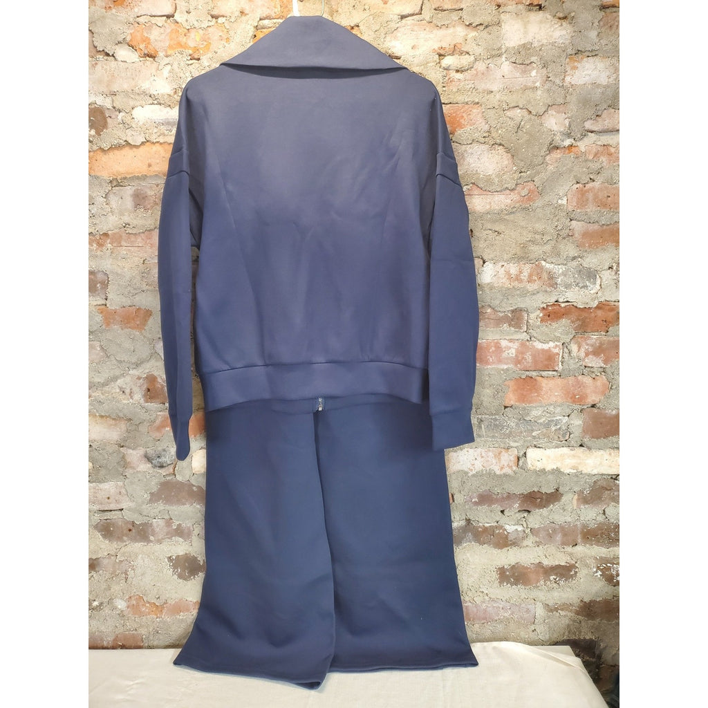 Womens Lounge Set Outfit M Navy Blue Cotton Blend Full Zip Wide Leg Pants