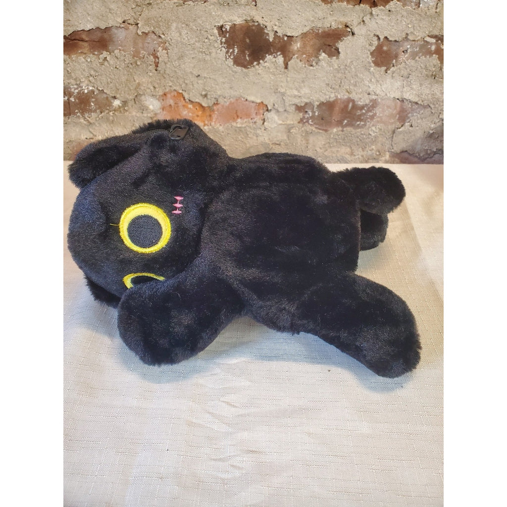 Black Cat Plush Crossbody Bag Purse Yellow Eyes Stitched Face Zipper Strap